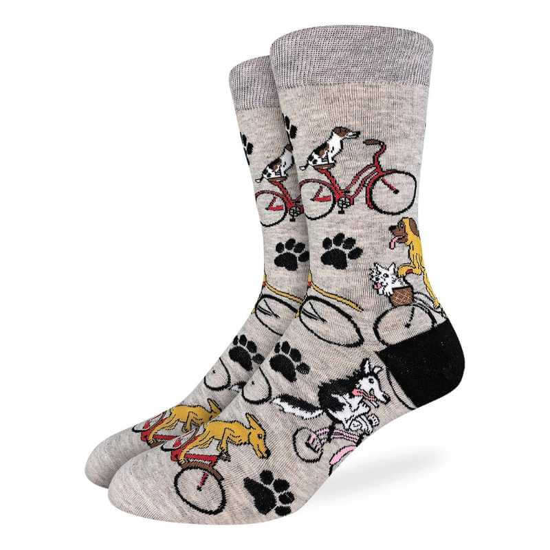 Gray socks with animal and bicycle pattern on a white background