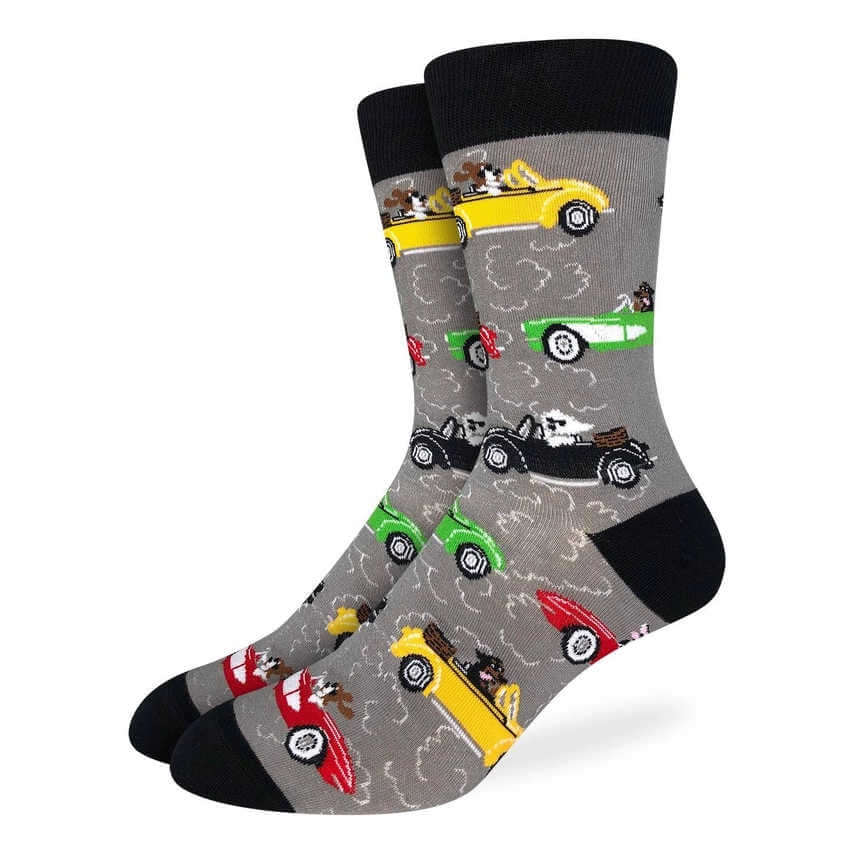 image of grey socks with black toes, hells and top and drawings of different types of cars being driven by dogs