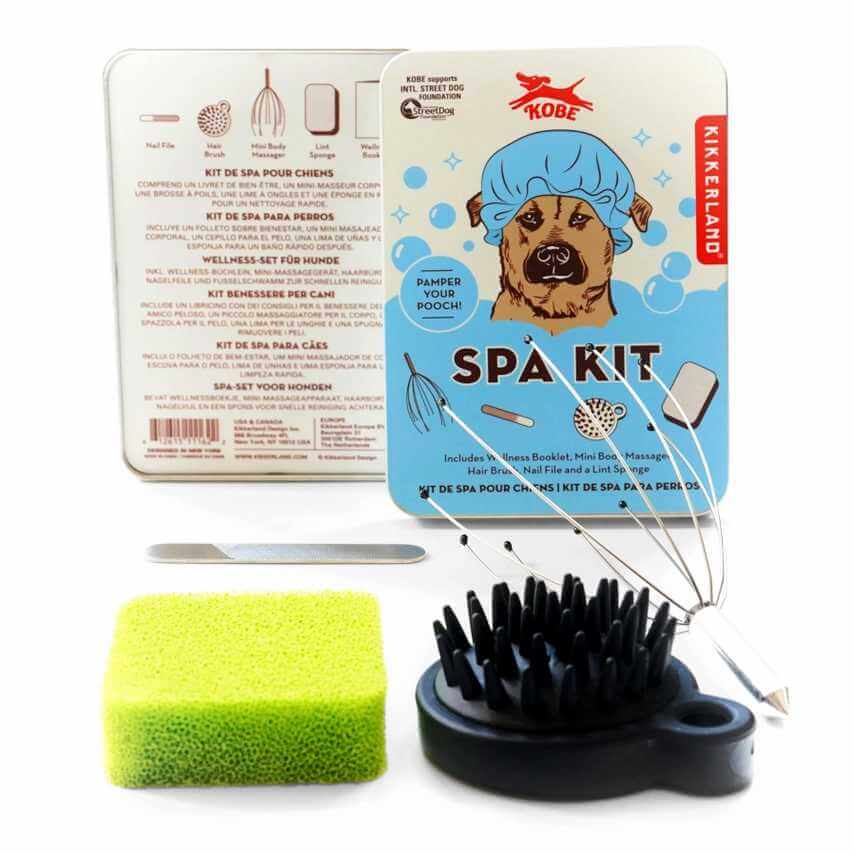 image showing the front of the box, the back of the box with descriptions, a silver nail file, a green sponge and a black fur brush