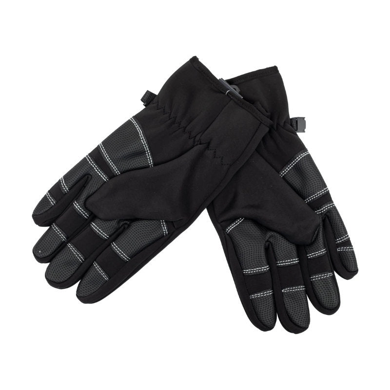 Pair of black gloves with gray accents on a white background