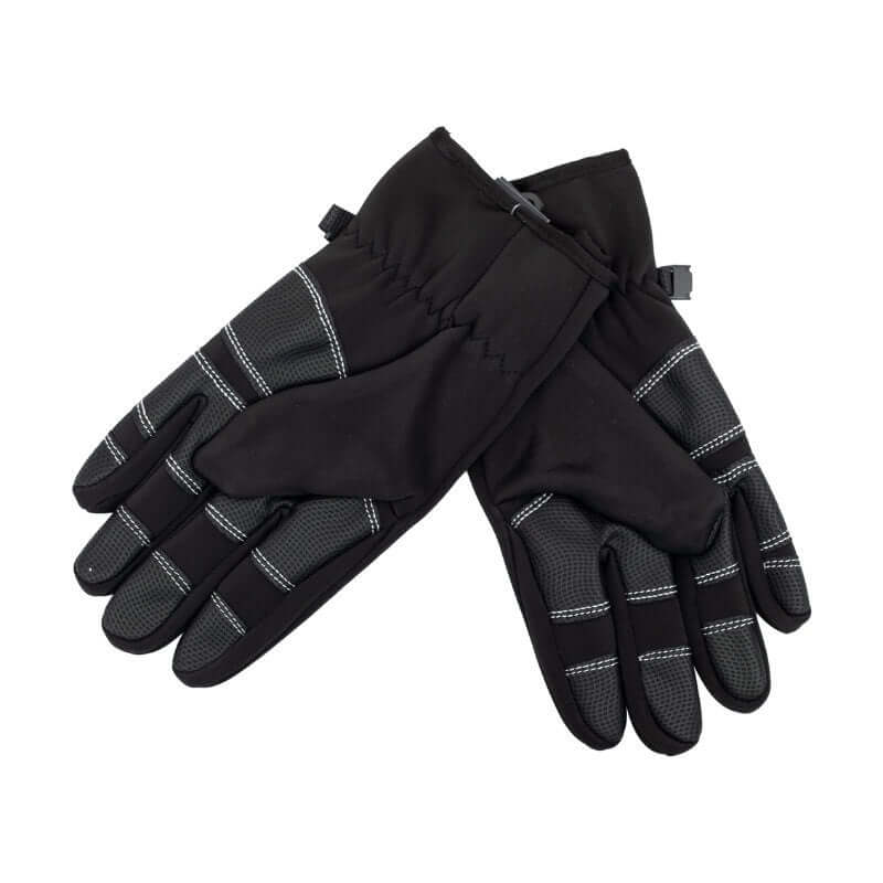 Pair of black gloves with gray accents on a white background
