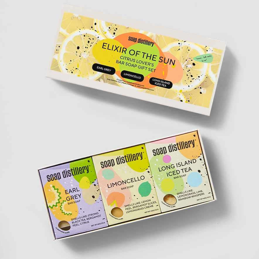 Soap distillery bar soap gift set packaging on a light gray background