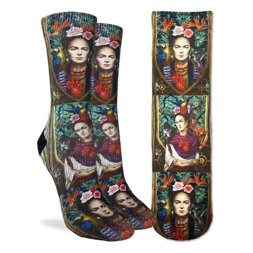 image of socks with paintings of frida kahlo with roses in her hair and surrounded by a gold frame and damask design in the background