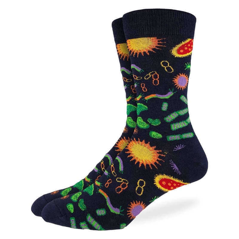 Colorful germs pattern socks on a black background