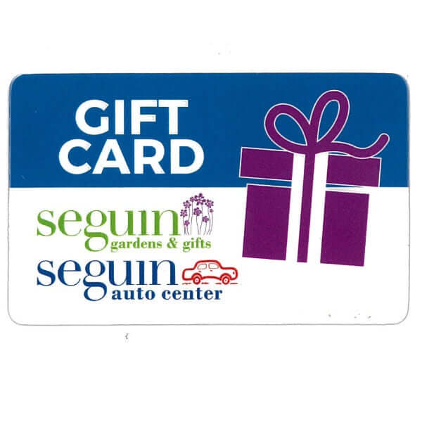 Image of a blue and white gift card with a drawing of a purple gift package and logos for the garden center and car wash