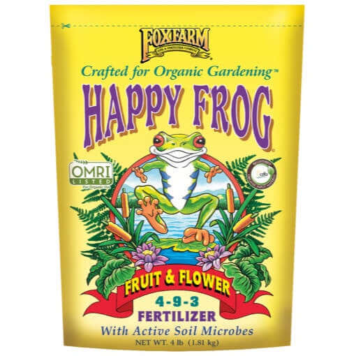 image of bright yellow rectangular bag with drawing of a frog and foliage and the Happy Frog logo