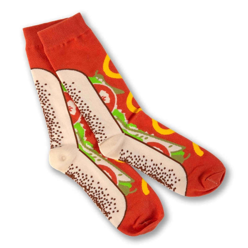 Red socks with hot dog and mustard design 