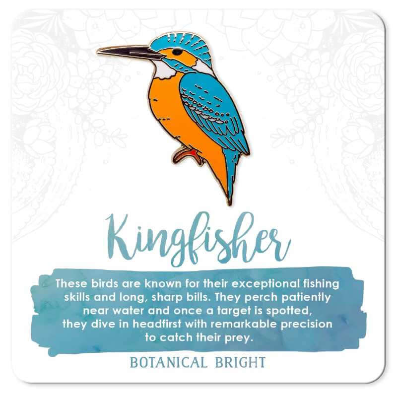 image of card with enamel pin of blue and gold kingfisher bird and a description of the bird species