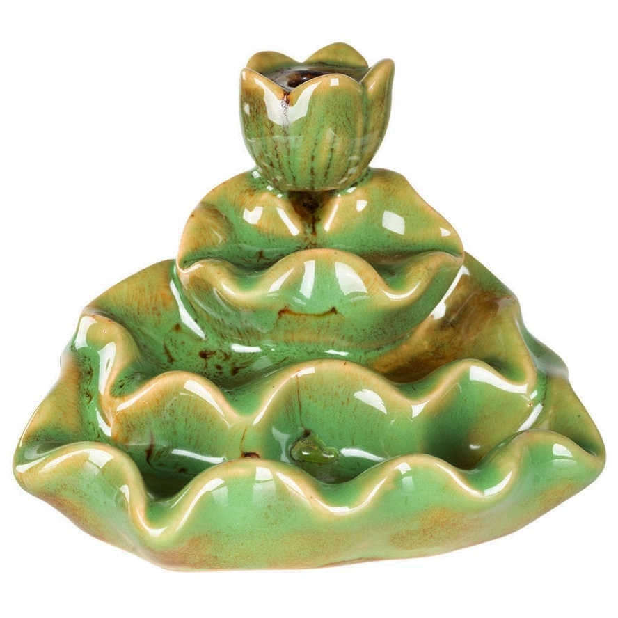 image of green ceramic backflow burner, with a lotus shaped top and rippled cascades down the front.