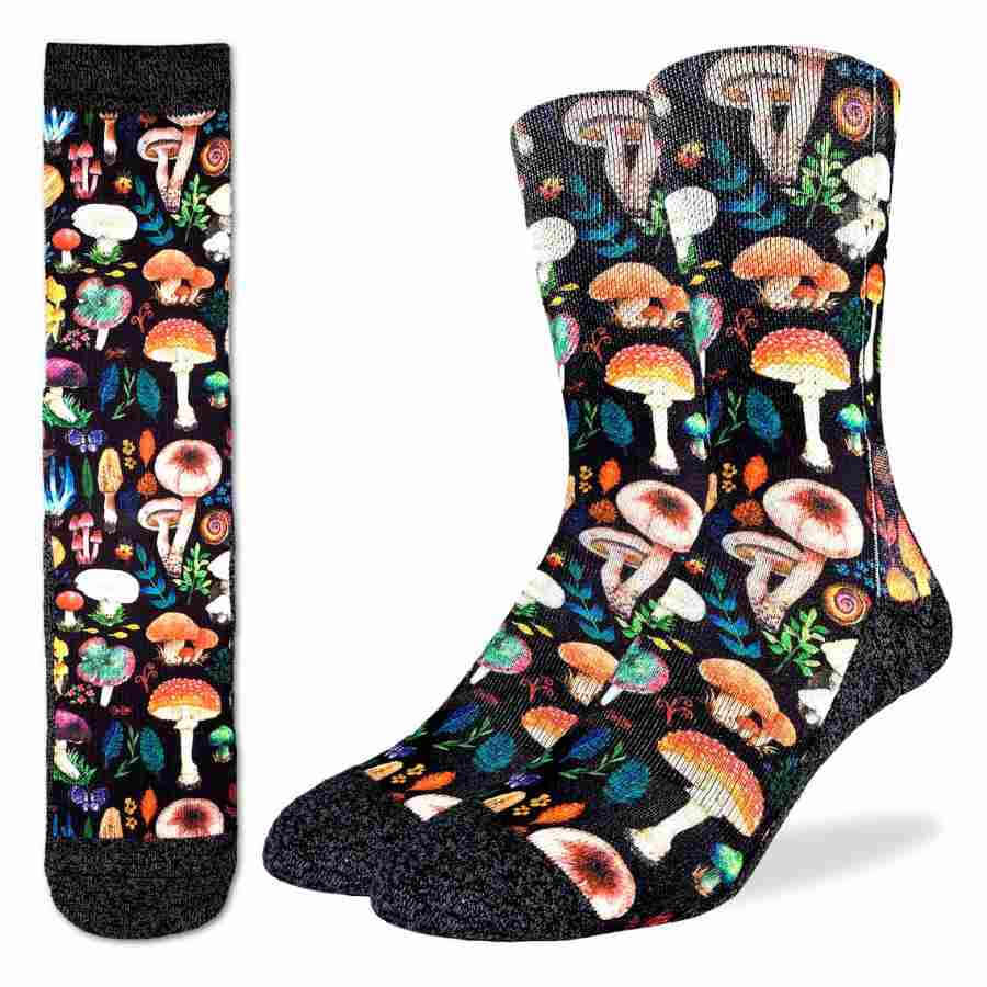 image of black socks with images of mushrooms of all types covering them.