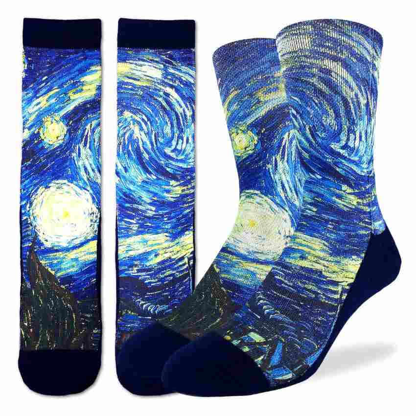 image of two pairs of socks with the swirling blues with yellow stars of vincent van gogh's starry night painting