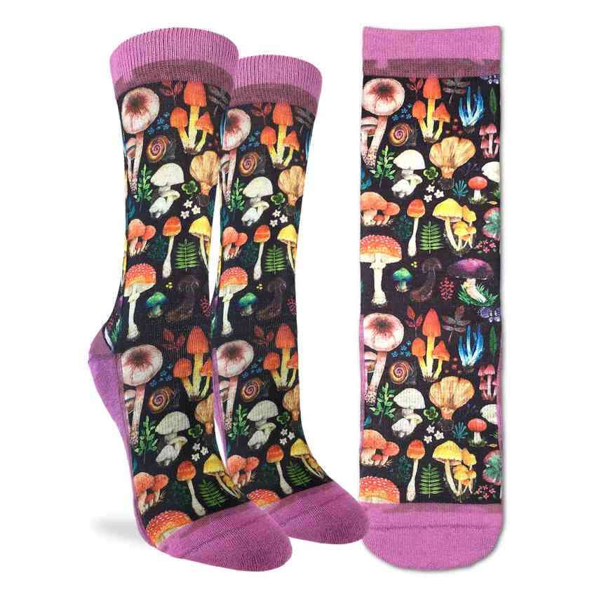 image of black socks with images of many different kinds of mushrooms, with the toe and top of socks in pink
