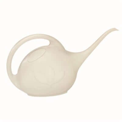 image of watering can in off white color with oval shape, round handle on top and curved spout on one side