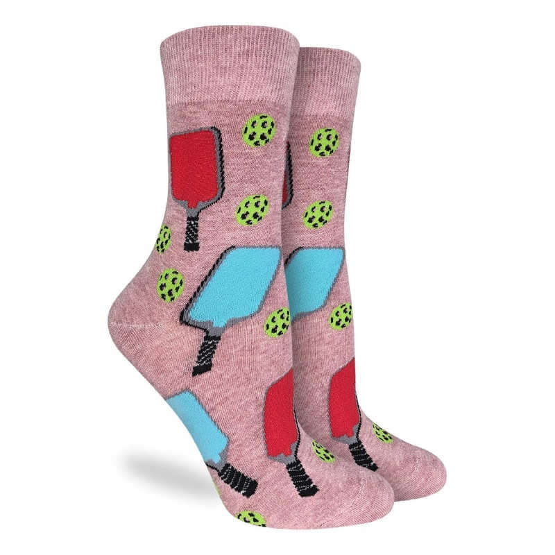 Pair of pink socks with colorful patterns on a white background