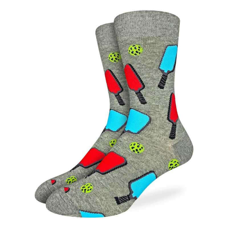 image of a pair of grey socks with blue and red pickleball paddles and green balls