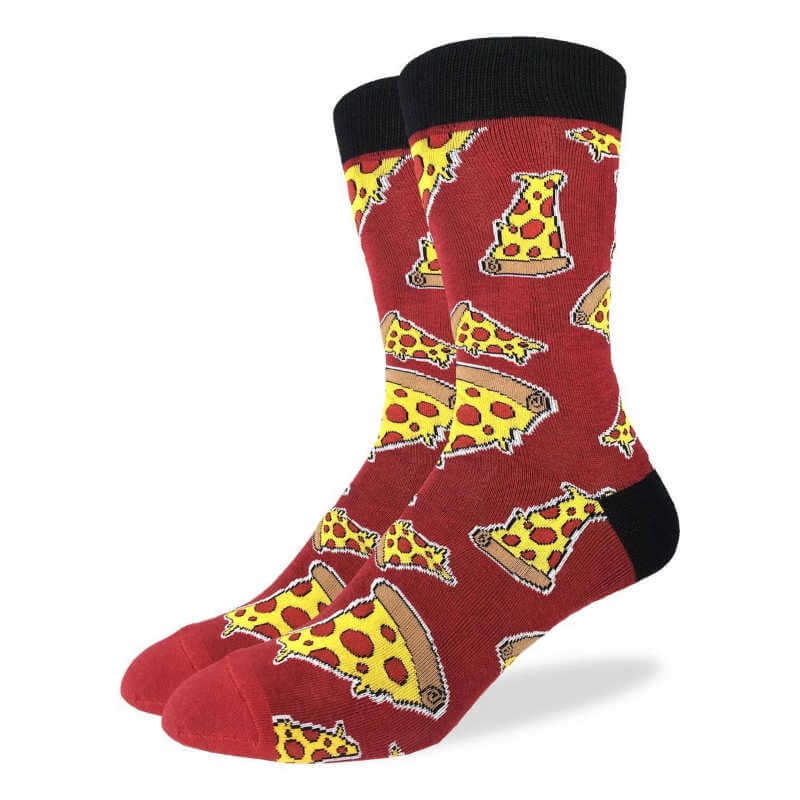 a pair of socks on feet.  red color with drawn pieces of pizza in yellow and red