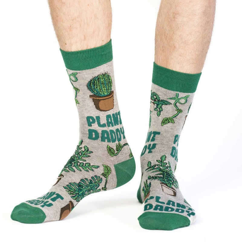 image of two legs with socks that are grey with green plant daddy and drawings of plants