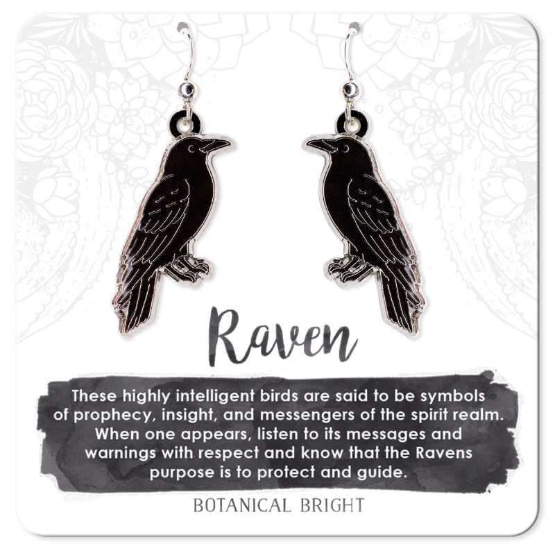image of card with two black raven shaped earrings and a description of ravens