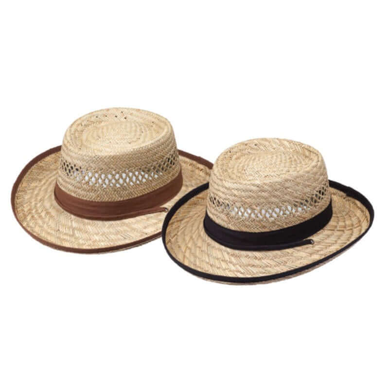 image of two straw hats, one with a brown band and one with a black band