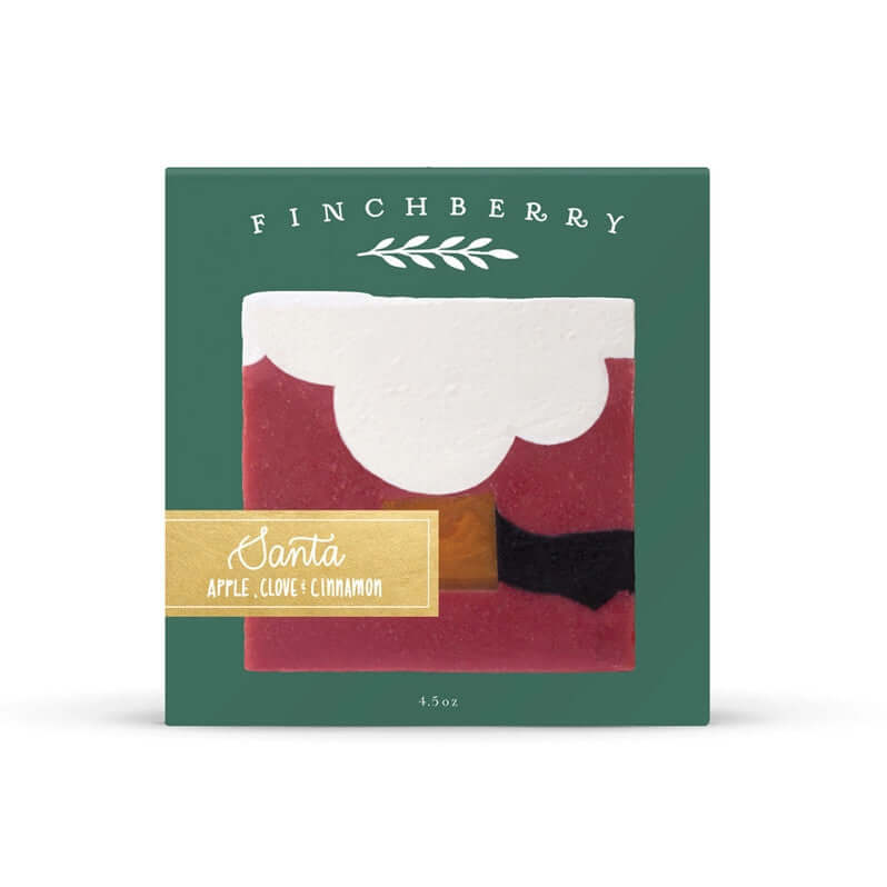 image of soap made to look like Santa's coat and beard, in front of teal colored finchberry box
