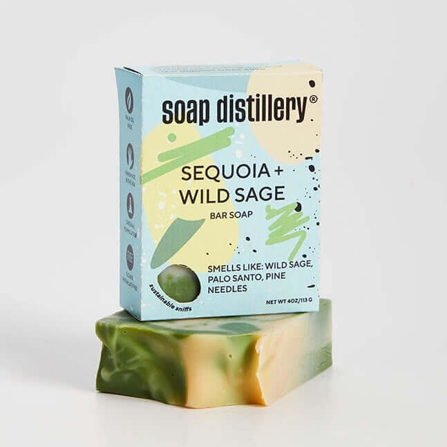 Soap Distillery Sequoia + Wild Sage bar soap with packaging on a light gray background