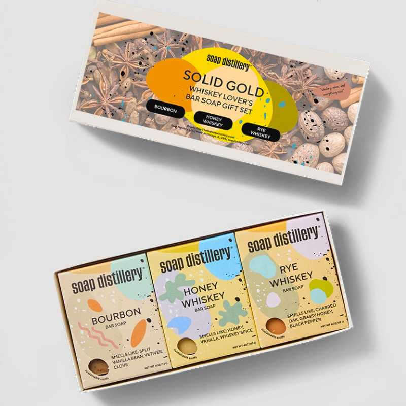 Soap distillery whiskey-themed bar soap gift set packaging on a light gray background