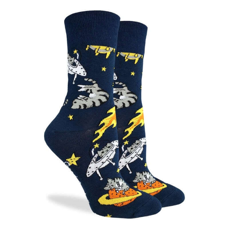Navy blue socks with space-themed designs on a white background