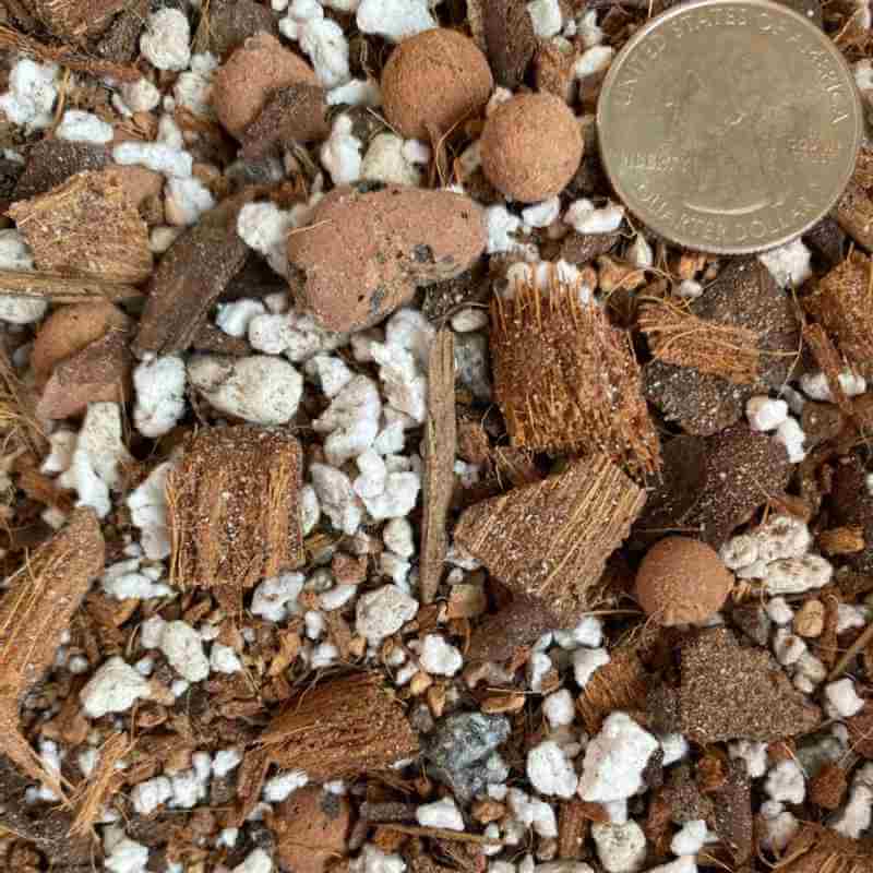 closeup image of product mix showing the chunky mix of ingredients, with a quarter coin in the corner for size comparison