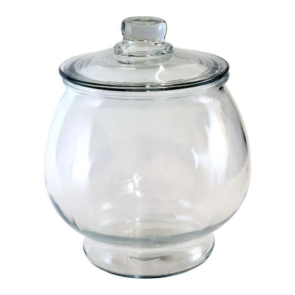 image of a round glass container with a flat base and glass lid with glass handle