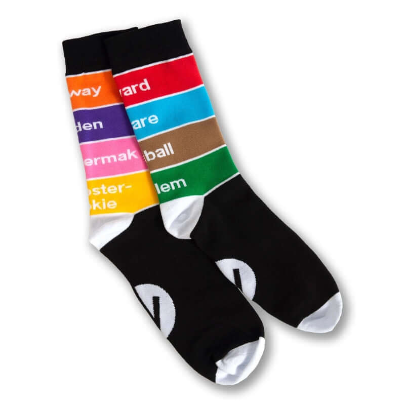 Black socks with colorful CTA stop names in white on each transit line color