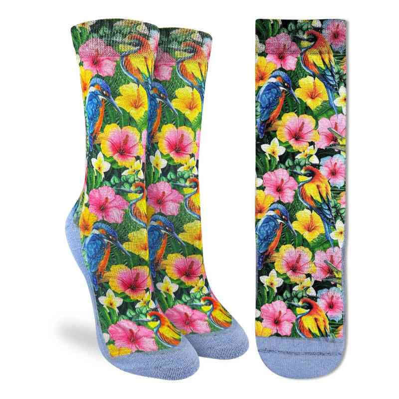 image of a pair of socks covered in tropical flowers in yellow and pink amidst different colored birds