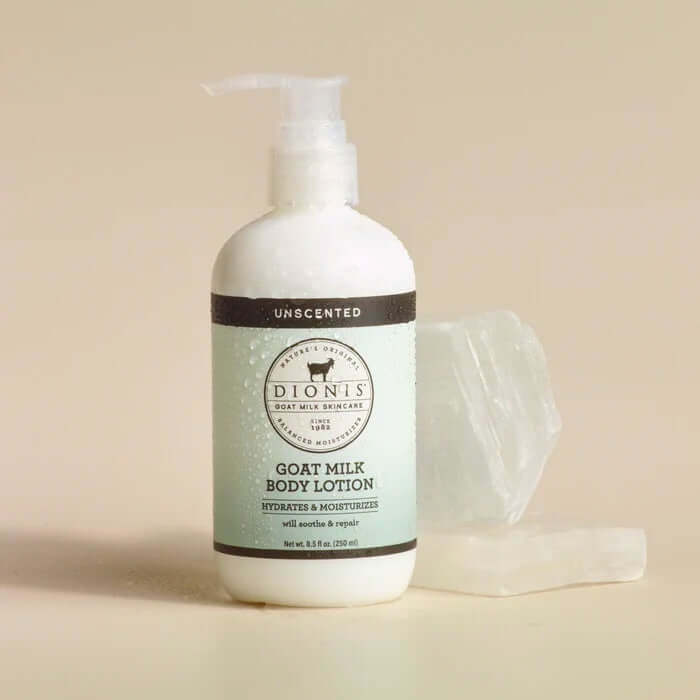 image of white bottle with plunger top and label in pale grey green with dionis logo