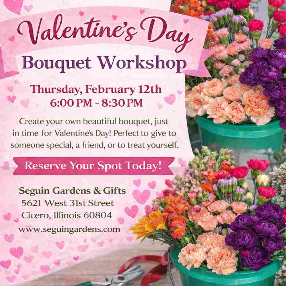 image with buckets of flowers in peach, pink orange purple and red with details of the workshop written to the left of the image