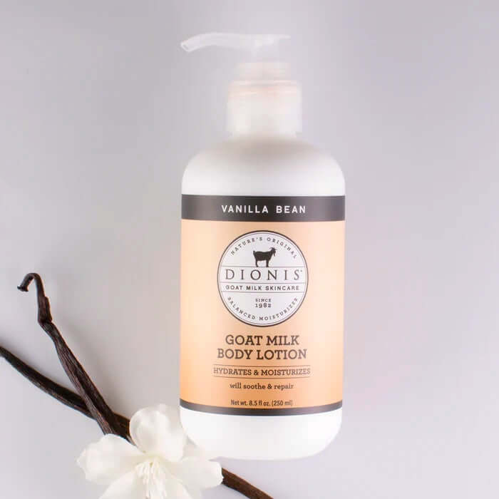 image of white bottle with plunger top and label in golden tan tones and dionis logo