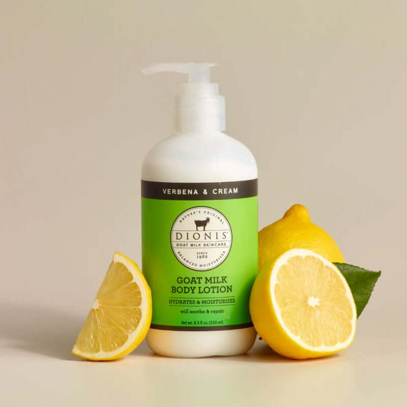 image of white bottle with white plunger top and bright green label with dionis logo.  Surrounded by cut up lemons