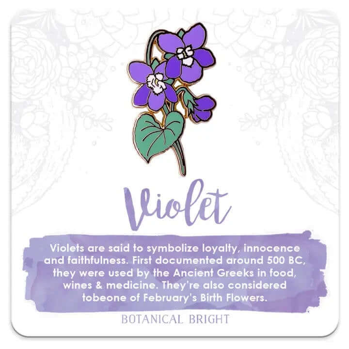 image of card with purple violet floral pin and description of the violet flower