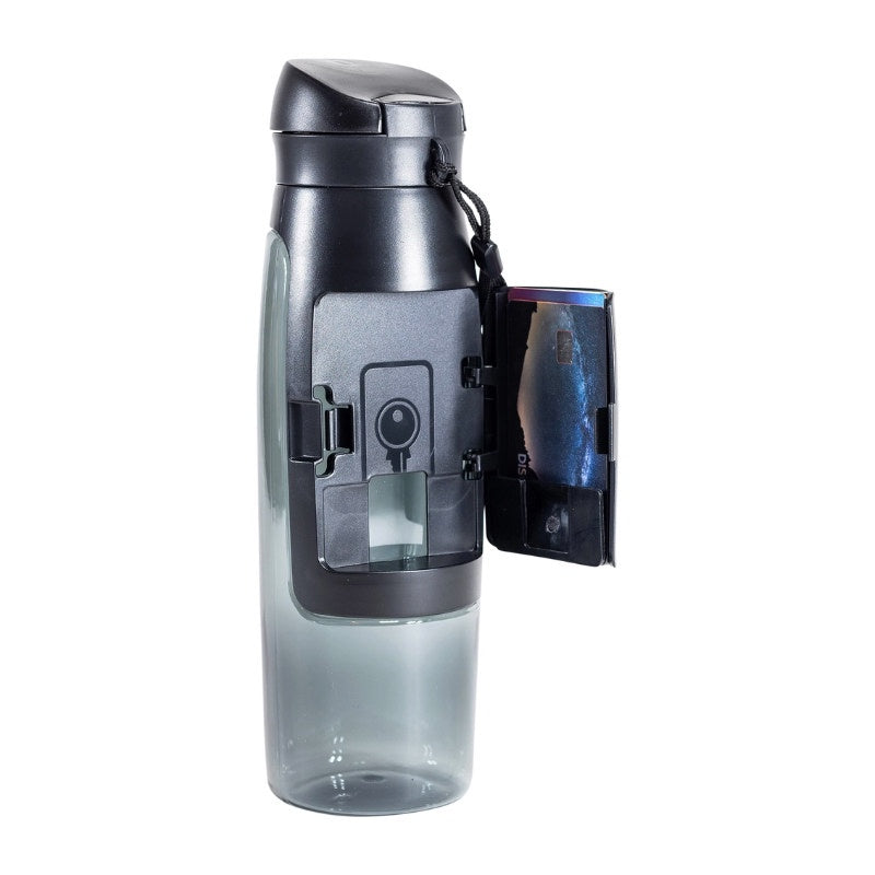 Gray water bottle with a transparent cap on a white background.  Opening on side for credit cards and keys
