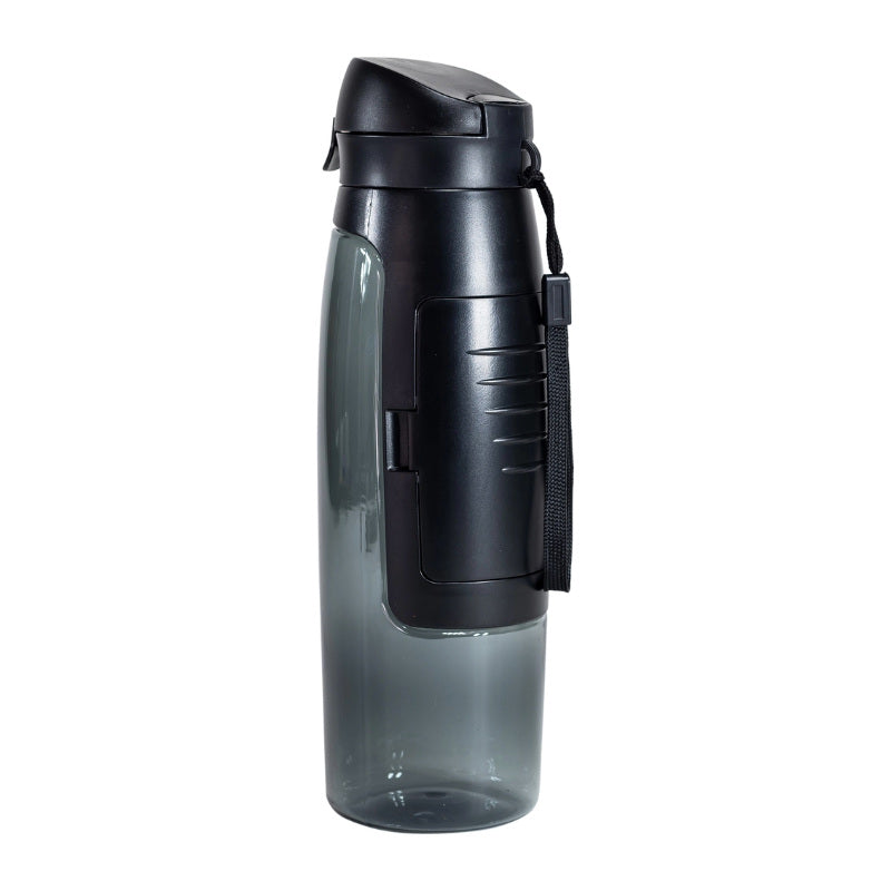 Black water bottle with a clear section on a white background
