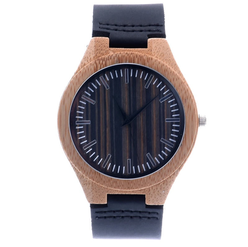 Wooden watch with black strap on a white background