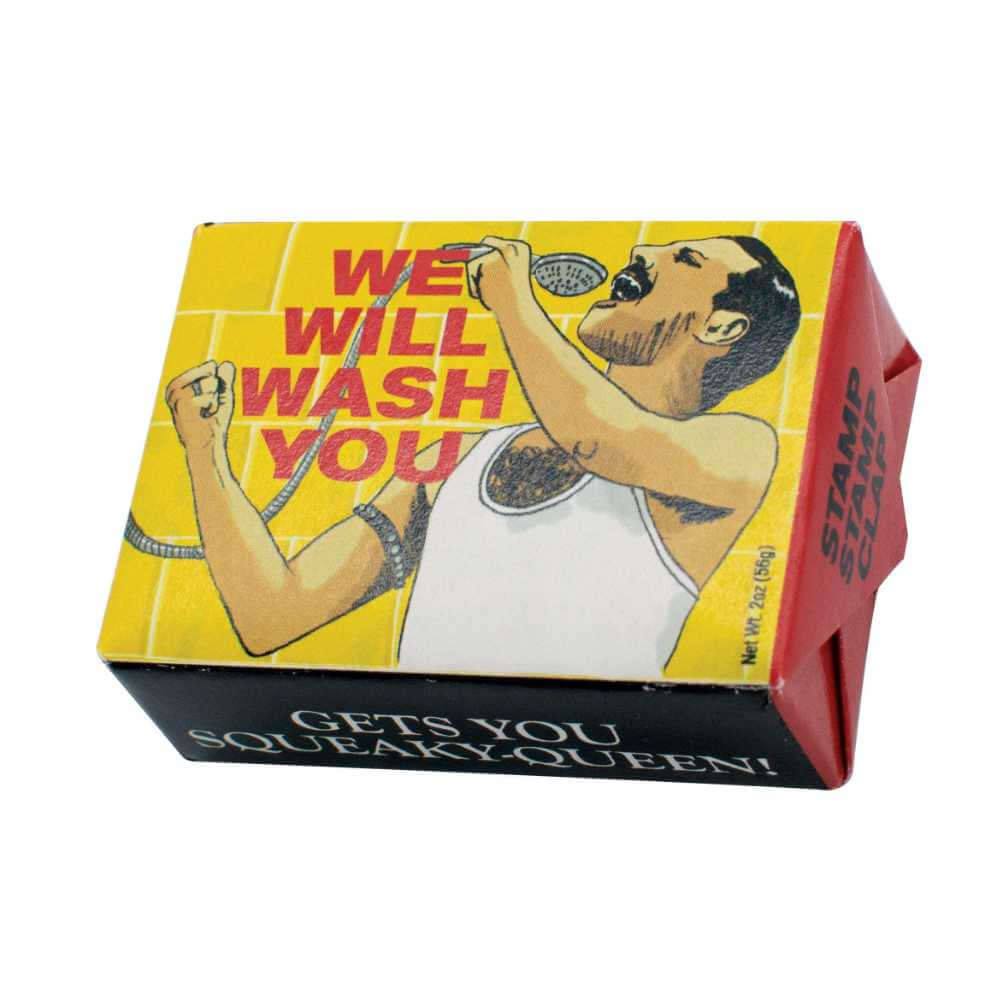 image of rectangular bar of soap with wrapper showing a drawing of Freddy Mercury singing into a handheld shower head