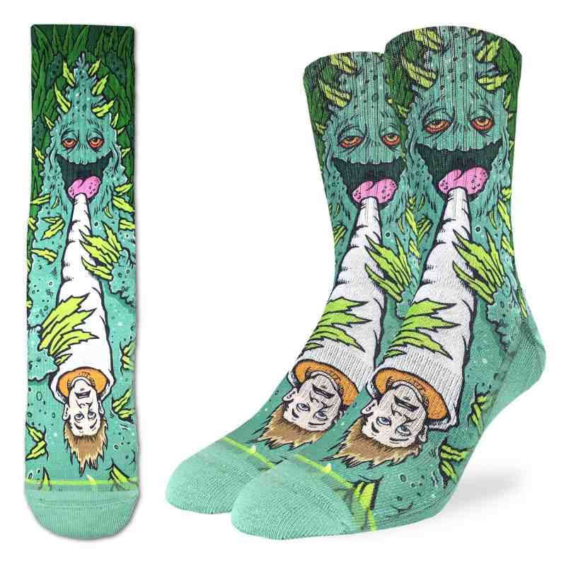 Pair of socks with a design of a weed smoking a cigarette with a human head on it.