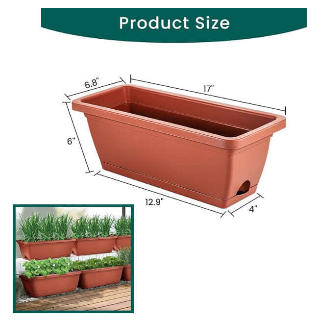 image of clay colored oblong planter with an inset image showing several planted with herbs