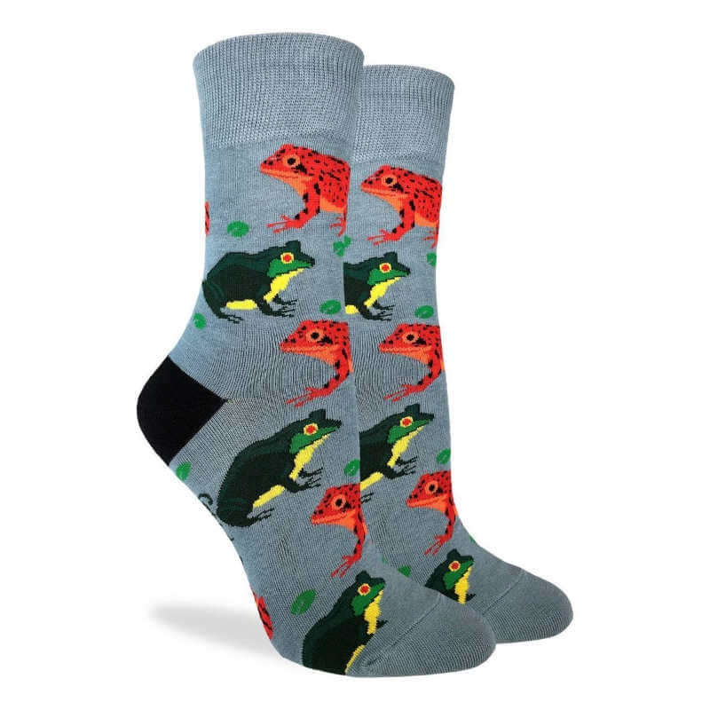 pair of light grey socks with drawings of frogs in green and red orange
