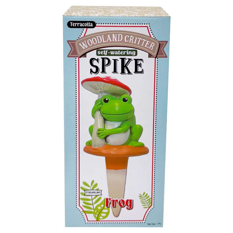 Box packaging of a self-watering spike with a frog design on a white background