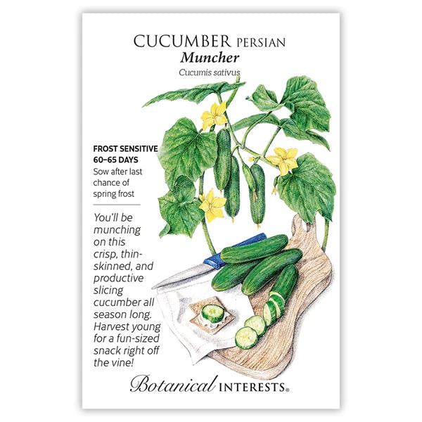 image of seed packet with drawing of cucumber vine with large green leaves and small yellow flowers, along with small oblong green cucumbers.  Several cucumbers, including one sliced are sitting on a cutting board at the bottom of the packet