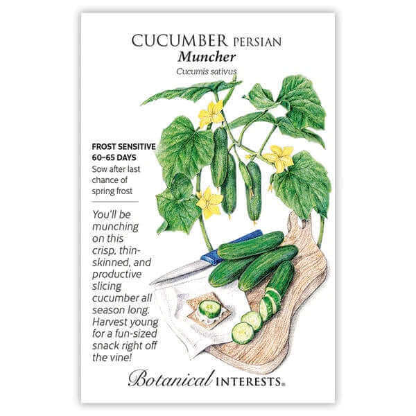image of seed packet with drawing of cucumber vine with large green leaves and small yellow flowers, along with small oblong green cucumbers.  Several cucumbers, including one sliced are sitting on a cutting board at the bottom of the packet