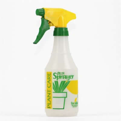 photo of spray bottle made of translucent plastic with yellow and green plastic sprayer and yellow and green &quot;Plant Care Delta Sprayer&quot; written on the bottle