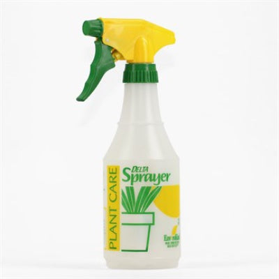 photo of spray bottle made of translucent plastic with yellow and green plastic sprayer and yellow and green "Plant Care Delta Sprayer" written on the bottle