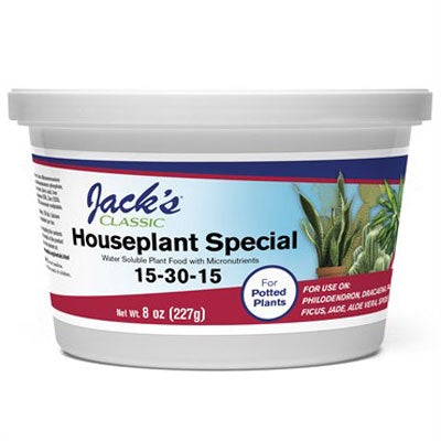 white plastic tub with Jack's houseplant food label