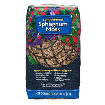 image of tall rectangular package with a photo of a hanging basket of flowers, open to view the product inside.  Label in blue with white and yellow lettering